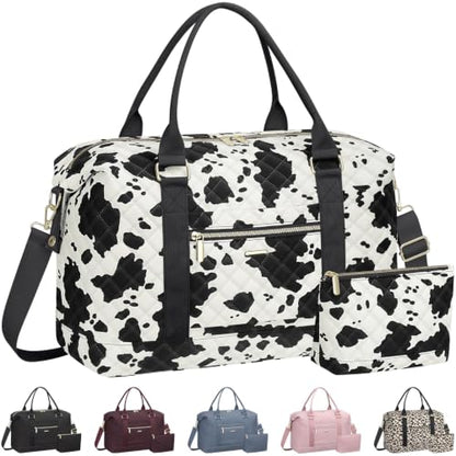 Tenot Quilted Duffle Bag for Women Travel Tote Bag with Luggage Sleeve - color: Cow Print, size: Medium