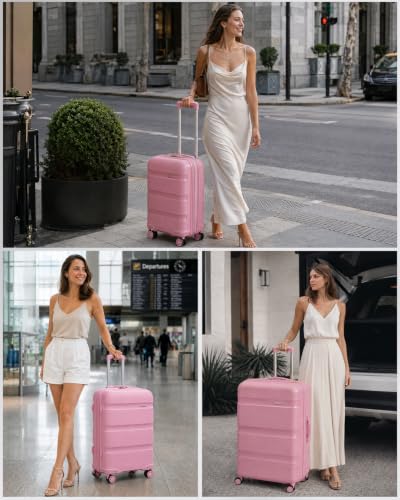 Kono 24 Inch Hard Shell PP Luggage, 4 Spinner Wheels Suitcase, Pink - color: Pink, size: Checked-medium 24-inch
