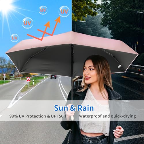 Compact Mini Windproof Travel Umbrella-UPF 50+ Sun & Rain Protection, Small Folding Design Fits in Pocket or Purse, Lightweight Portable with Case for Women, Men & Kids - color: Pink
