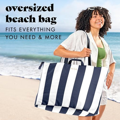 Fit & Fresh All The Things XL Beach Bag for Women, Oversized Travel Tote - color: Navy Stripe