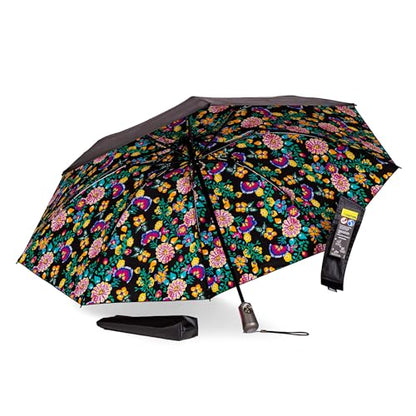 Totes Reverse Close Folding Inbrella with Auto Open Close and Compact - color: BLACK ELECTRIC FLORAL, size: 43" Canopy