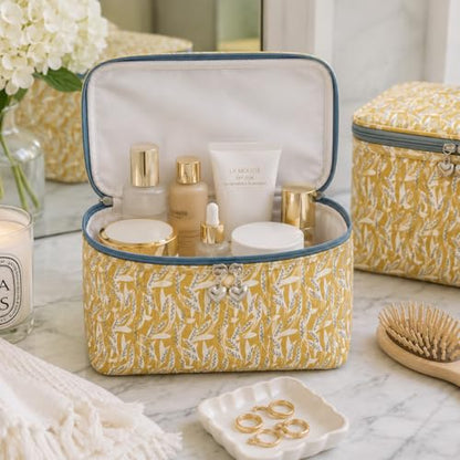 Vanity Bag/Train Case - Water-Resistant, PVC-Lined, Easy to Clean, Compact & Travel Ready Makeup Organizer - Leaf Dance Print - color: Leaf Dance, size: Large Vanity/Train Case