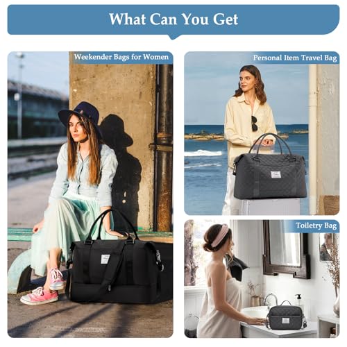 Weekender Bags for Women,Personal Item Travel Bag with Shoes Compartment - color: B-Blackn-3PCS-4051, size: Large