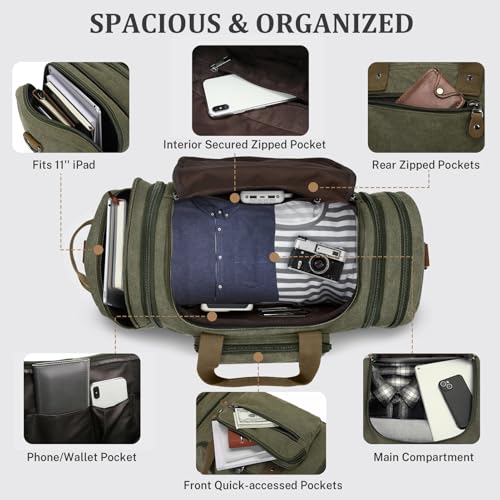 Gonex Canvas Duffle Bag, Expandable 60L Travel Overnight Weekender Bag - color: Army Green, size: X-Large-60L (With Shoe Compartment)
