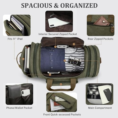Gonex Canvas Duffle Bag, Expandable 60L Travel Overnight Weekender Bag - color: Army Green, size: X-Large-60L (With Shoe Compartment)