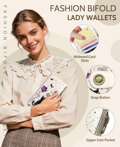 GIANCOMICS Black Cat Womens Wallet RFID Blocking, Credit Card Holder Bifold - color: Black Cat Flower