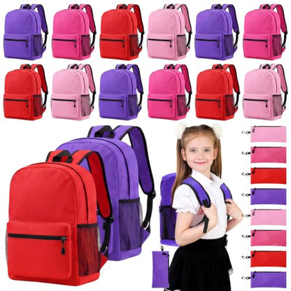 Silkfly 12 Pcs School Backpacks with 12 Pencil Pouch - color: Fresh Color (Red, Pink, Purple)