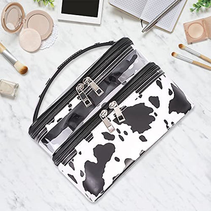 Double-layer Cosmetic Bag Makeup Bag Travel Makeup Bag Makeup Bags for Women Cosmetics Cases Portable Waterproof Foldable (Cow Print) - color: Cow Print