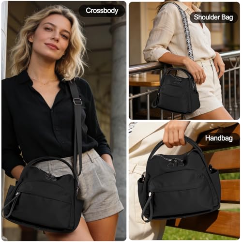 Nylon Top Handle Crossbody Bags for Women with 2 Adjustable Straps - color: Black