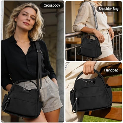 Nylon Top Handle Crossbody Bags for Women with 2 Adjustable Straps - color: Black