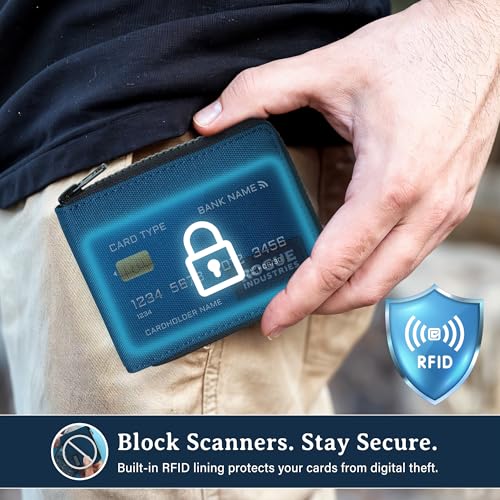 ROGUE WALLET Leather & Nylon Zip Wallet for Men, RFID Blocking, Navy - color: Navi
