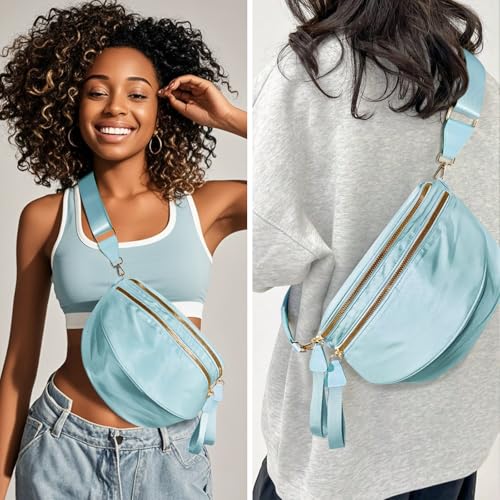 Checkered Crossbody Bags for Women, Large Nylon Bum Bags - color: Ice Blue