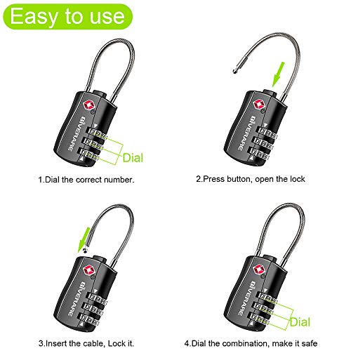 GIVERARE TSA Approved Luggage Locks, Combination Travel Cable Lock, Re-settable 3-Digit Padlocks with Alloy Body, Keyless Travel Sentry Accepted Padlock for Gym Locker, Golf Bag Case, Backpack-Black - color: 1 pack Black