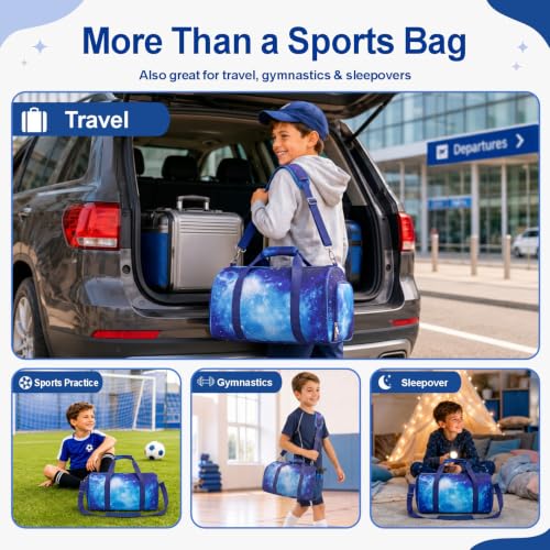 Bagseri Boys Duffle Bag for Travel - Kids Gym Bag with Shoe Compartment - color: B5-Purple Starry Sky, size: Medium - 17.3 x 9 x 9.7 in