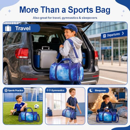 Bagseri Boys Duffle Bag for Travel - Kids Gym Bag with Shoe Compartment - color: B5-Purple Starry Sky, size: Medium - 17.3 x 9 x 9.7 in