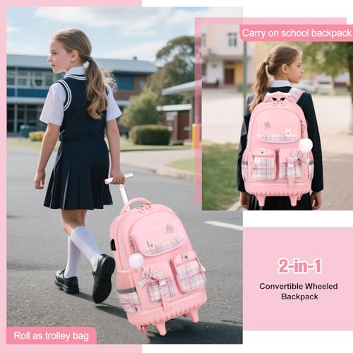 ACESAK Rolling Bow Backpack for Girls with Lunch Bag & Pencil Pouch - color: Pink