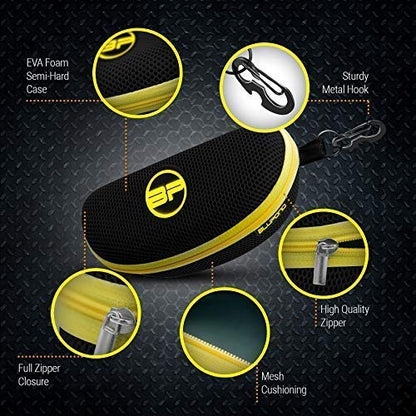 BLUPOND Knight Visor Large Sunglasses Case with Metal Carabiner & Zipper - EVA Semi Hard Frame Glasses Case for Men & Women - color: Black Yellow