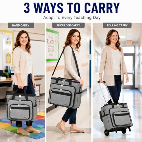 Rolling Craft Bag With Wheels, Teacher Organizer Tote With Detachable Trolley - color: gray, size: 2 Wheels & Fixed Front Feet