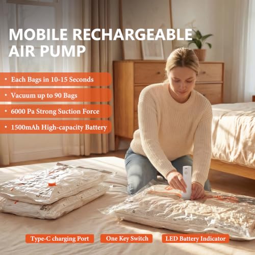 15 Pcs Vacuum Bags for Travel with Rechargeable Air Pump,Space Saver Bags - size: 15 Combo Size (Orange)