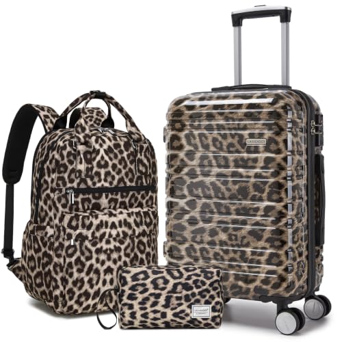 LARVENDER Carry on Luggage Sets 3 Piece, 20" Suitcase with Wheels, Cheetah - color: Cheetah-20BP, size: 3 Piece Set (Backpack/TB/20)