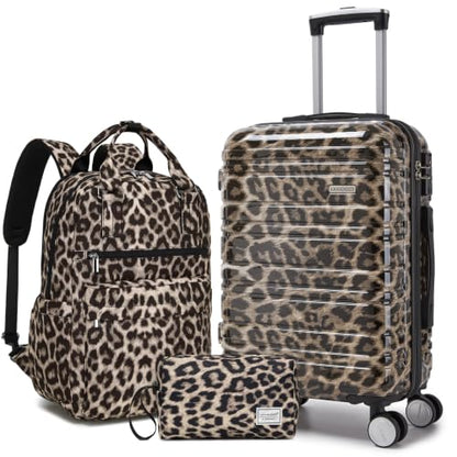 LARVENDER Carry on Luggage Sets 3 Piece, 20" Suitcase with Wheels, Cheetah - color: Cheetah-20BP, size: 3 Piece Set (Backpack/TB/20)