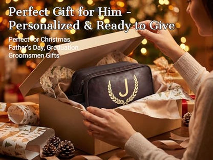 OXYEFEI Personalized Gifts for Men, Personalized Large Toiletry Bag for Men,Custom PU Leather Waterproof Mens Toiletry Travel with Initial Essential Dopp Kit Shaving Bag (J, Tea Brown) - color: Tea Brown, style: J