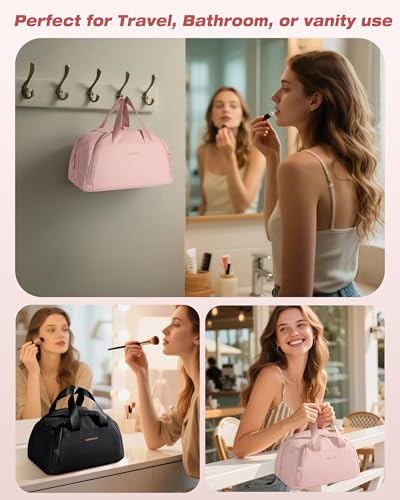 Marscamd Travel Makeup Bag for Women, Lay-Flat Toiletry Organizer, Pink - color: Pink