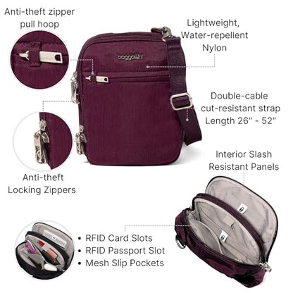 Baggallini Securtex® Anti-theft Mini Everything Crossbody Bag, 6.3"x8.25" Rfid, Locking Zippers & Cut-resistant Strap - color: Mulberry