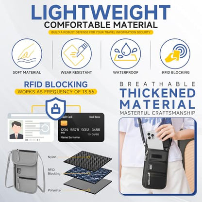 RFID 차단 여권 홀더, 여행용 목 지갑, 조절 가능한 랜야드 6칸 파우치 포함, RFID 차단, 그레이, 여행용 RFID 차단 여권 홀더 - color: RFID 차단, 그레이