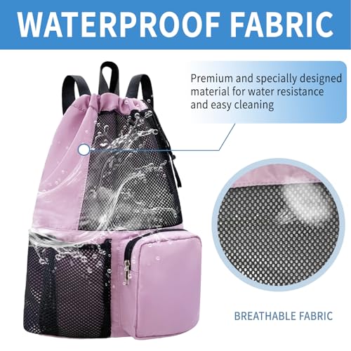 Swim Bag Mesh Beach Drawstring Backpack with Wet Pocket Waterproof for Gym Workout Men Women (Light Purple) - color: Light Purple