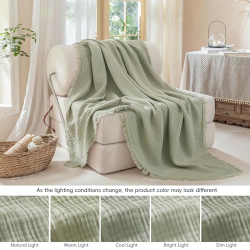 Muslin Fringe Blankets for Adults: 100% Cotton Cloud Soft - color: Sage Green, size: Throw (50" × 60")