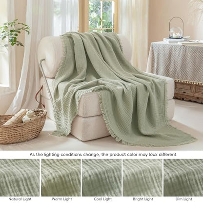 Muslin Fringe Blankets for Adults: 100% Cotton Cloud Soft - color: Sage Green, size: Throw (50" × 60")