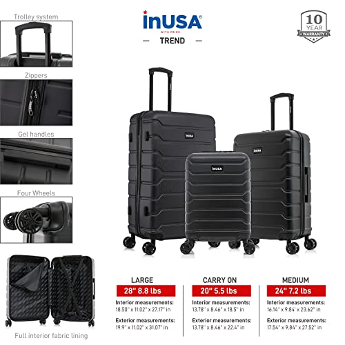 InUSA TREND 3-Piece Hardside Spinner Luggage Set 20/24/28in Durable Black - color: Black, size: 3-Piece Set (Carry-on, Medium, Large)