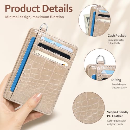 Coco Rossi Crocodile Wallet Women Slim Credit Card Holder with Keychain - color: A Sand Beige Croc