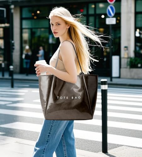 KALIDI PVC Tote Bag Women Large Kraft Paper Travel Beach Bag Jelly Purses - color: Coffee