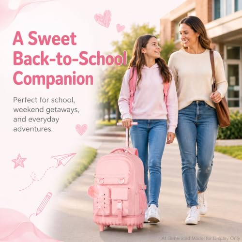 UFNDC 3PCS Rolling Backpack for Girls, Women Pink Roller Backpacks with an Interlaced Ribbon Bow, Water-Resistant Travel Wheeled Bookbag - color: Rolling Backpack Ribbon Bow Pink