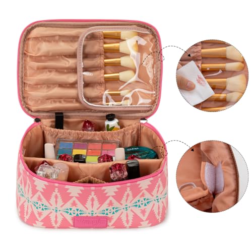 Wrangler Travel Makeup Bag 2pcs Set Cosmetic Bag with Makeup Brush Holder - color: Aztec-Pink