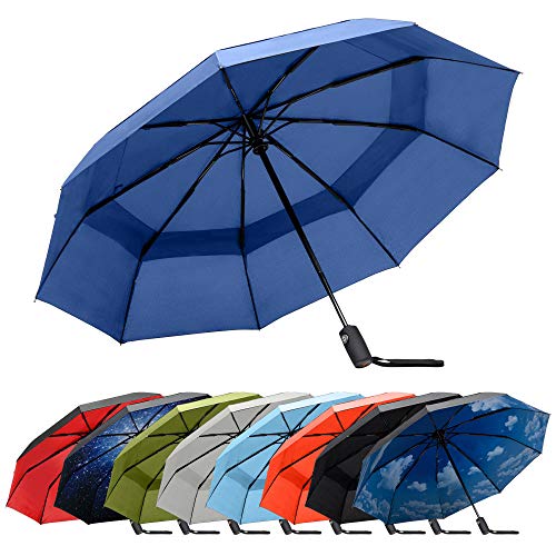 RainPlus Windproof Travel Umbrella - Compact, Automatic, Folding and Portable - Umbrellas For Rain for Men and Women - Car, Backpack, Purse, Strong & Wind Resistant - color: Navy Blue