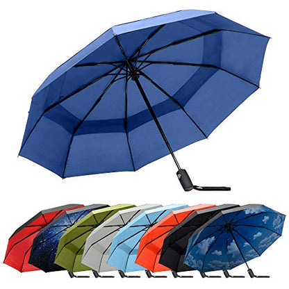 RainPlus Windproof Travel Umbrella - Compact, Automatic, Folding and Portable - Umbrellas For Rain for Men and Women - Car, Backpack, Purse, Strong & Wind Resistant - color: Navy Blue