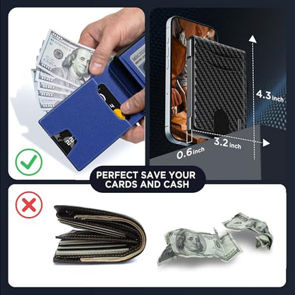 Wallet for Men, Minimalist Leather RFID Blocking Bifold Wallet, Cash Slot - color: Carbon Blue