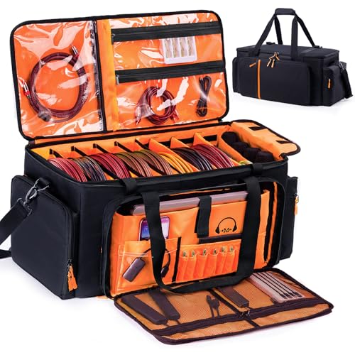 DJ Cable Bag, Large DJ Equipment Bag with Laptop Compartment and Dividers - color: Orange, size: W/No Wheels