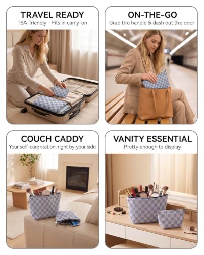 Gingham Canvas Makeup Bag Set Preppy Travel Makeup Pouch for Purse - color: Checkered Blue Canvas