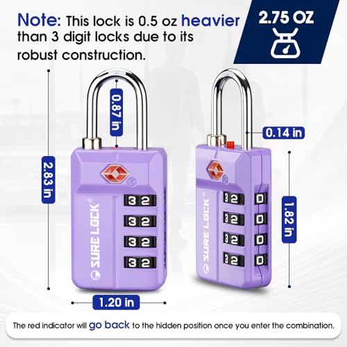 SURE LOCK TSA-Approved 4-Digit Resettable Combination Luggage Lock with Open Alert, Easy-Read Dials - for Luggage, School Lockers, Gym, Office, Toolbox & Security Cases (Purple 2 Pack) - color: PURPLE 2PACK