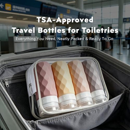 Travel Bottles for Toiletries - 4 Pack TSA Approved 3oz Portable Leak Proof Squeezable Travel Size Containers for Shampoo, Conditioner, Lotion, Skincare & Makeup, Travel Accessories with Clear Bag