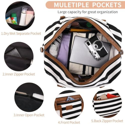 4PCS Weekender Bags for Women Large Overnight Weekend Travel Duffel Bags - color: Wide Black White-CH