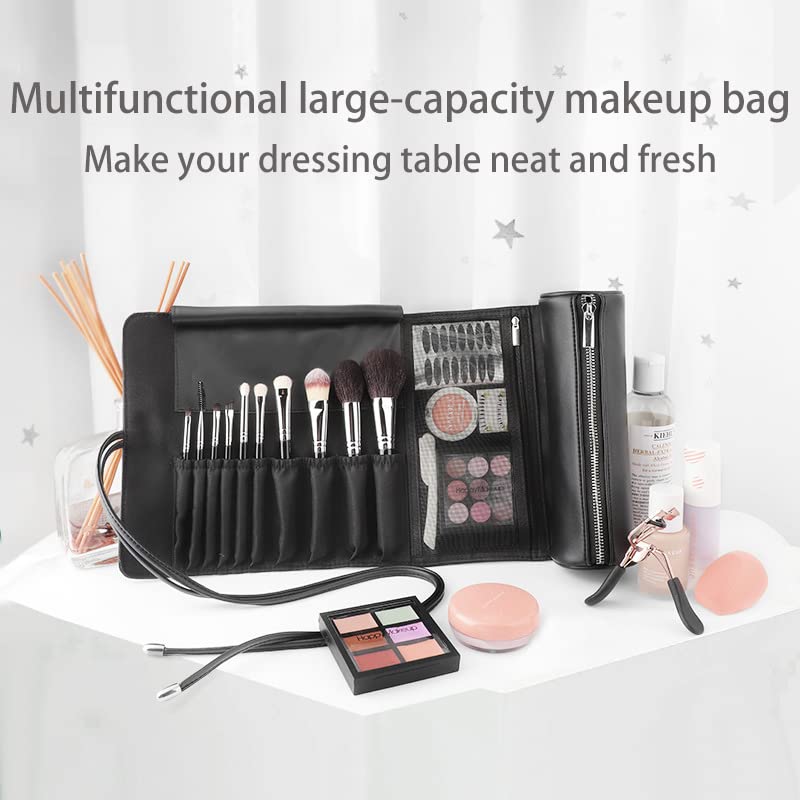 REQO Makeup Brush Organizer with Lid,Makeup Brush Holder Case Dustproof Black,Make Up Brush Bag Pouch with Cover Trave