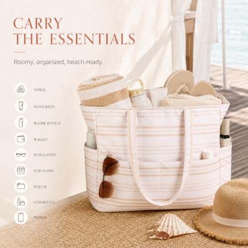 Bluboon Waterproof Beach Tote Pool Bags for Women Ladies Extra Large Carry On Bag With Wet Compartment for Weekender Travel - color: Khaki Irregular Stripes