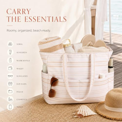 Bluboon Waterproof Beach Tote Pool Bags for Women Ladies Extra Large Carry On Bag With Wet Compartment for Weekender Travel - color: Khaki Irregular Stripes