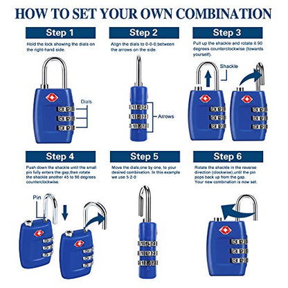 TSA Luggage Locks (4Pack) - 3 Digit Combination Padlocks - Approved Travel Lock for Suitcases & Baggage (Dark Blue) - color: Blue