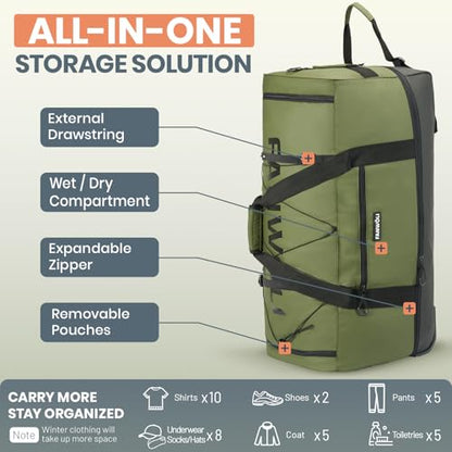 Fanwoli 120L Rolling Duffle Bag with Wheels, Foldable Travel Duffel - color: Green